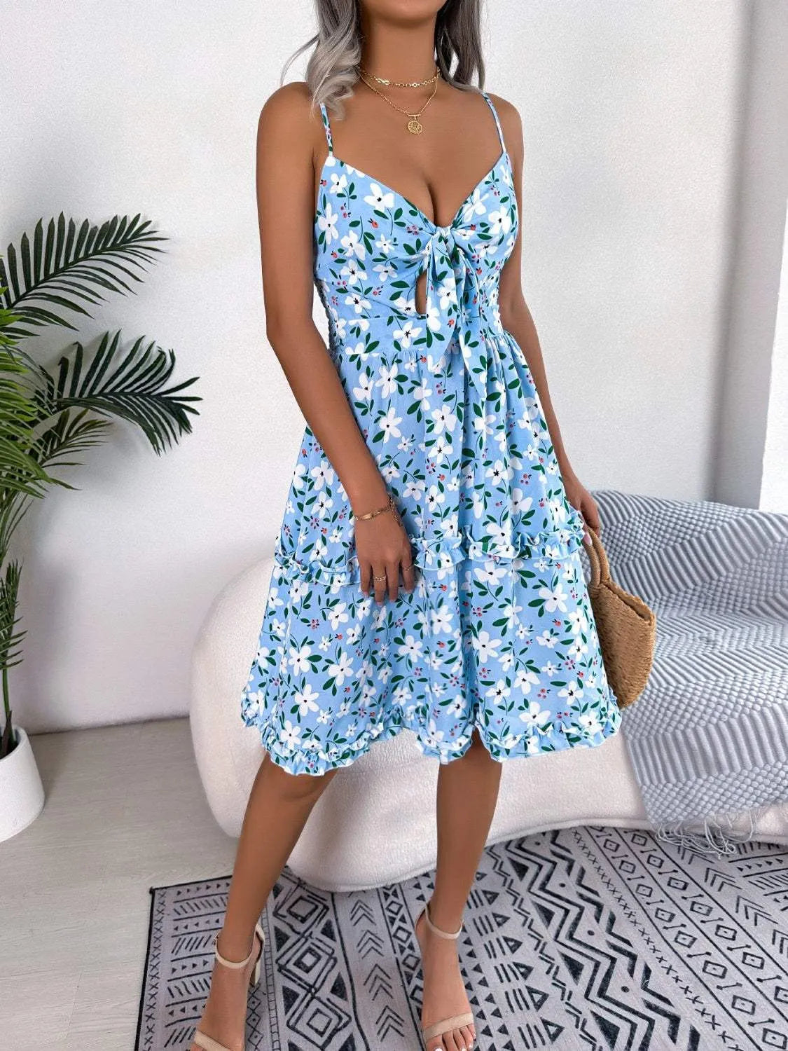 Printed Plunge Cap Sleeve Cami Dress Casual Dresses - Tophatter Daily Deals